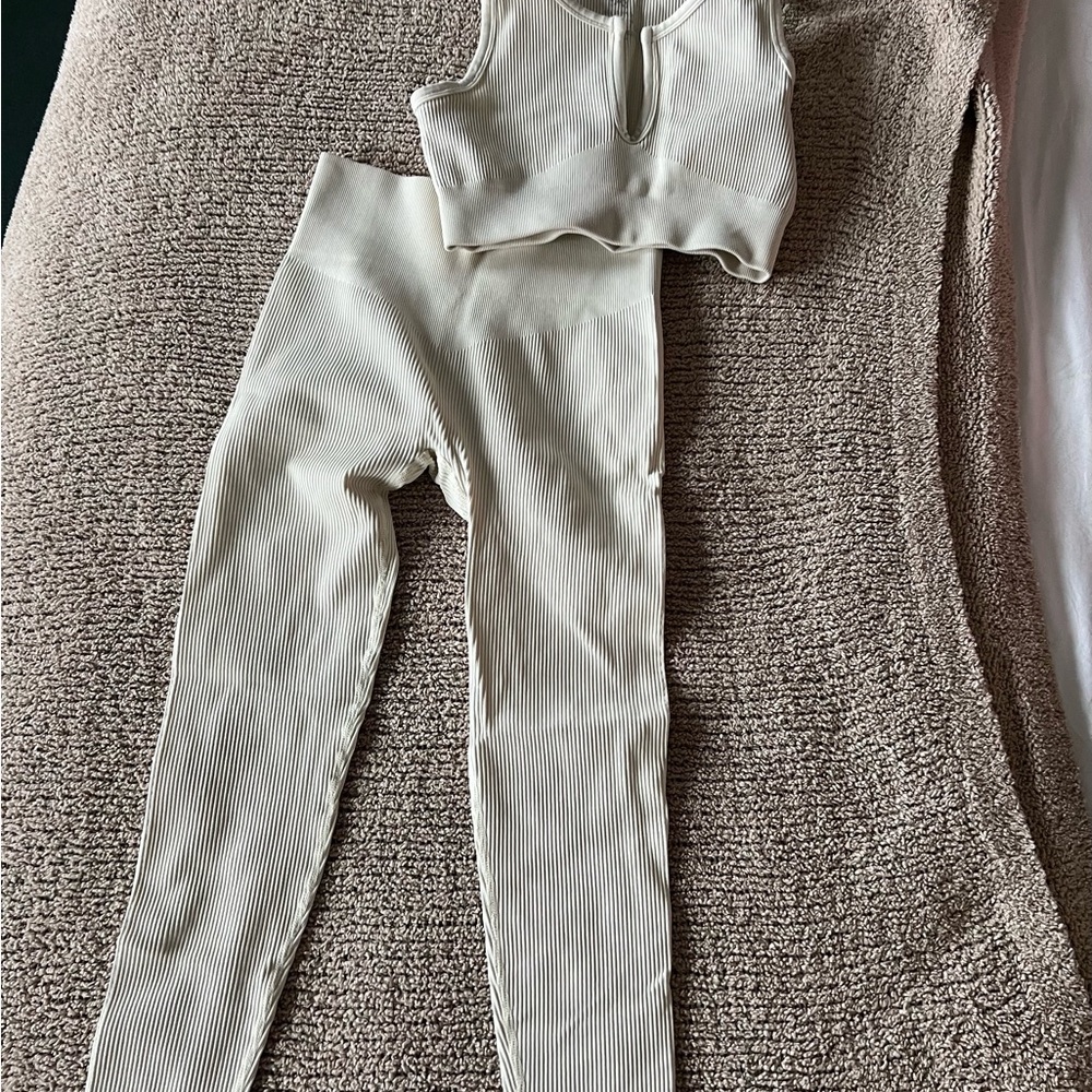Women's Cream Ribbed Pants & Crop Top Set